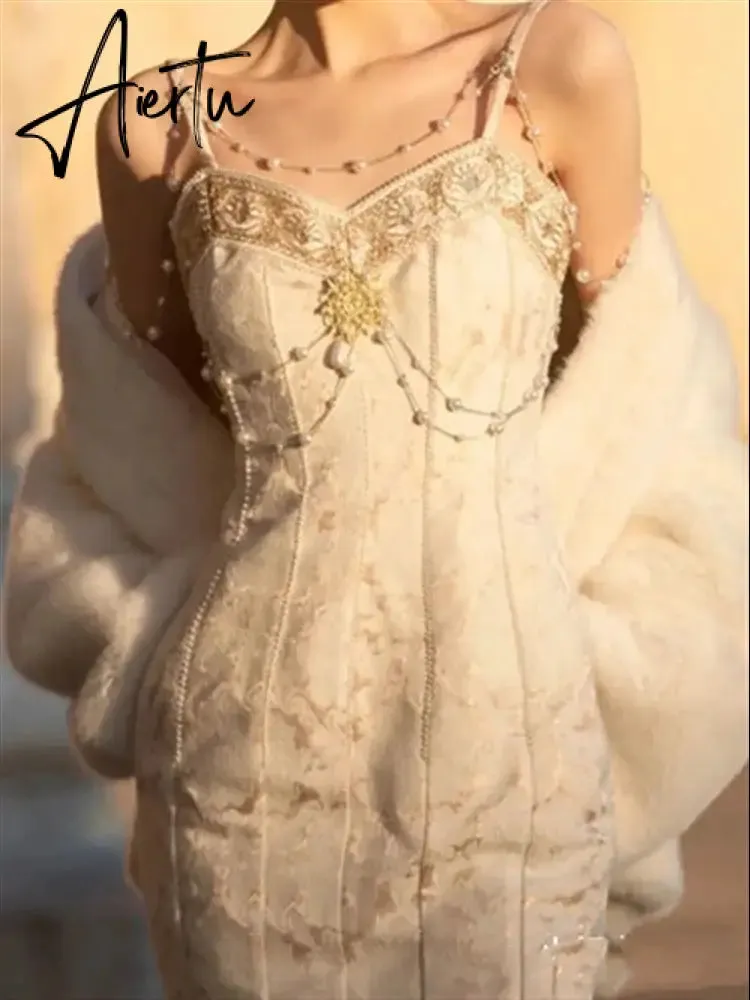 Aiertu Solid Black Party Dresses Sexy Summer Boho Dress Woman Lace Backless Beach Sleeveless Runway Sundress Women Embroidery Robe