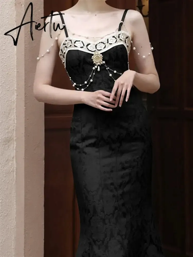Aiertu Solid Black Party Dresses Sexy Summer Boho Dress Woman Lace Backless Beach Sleeveless Runway Sundress Women Embroidery Robe