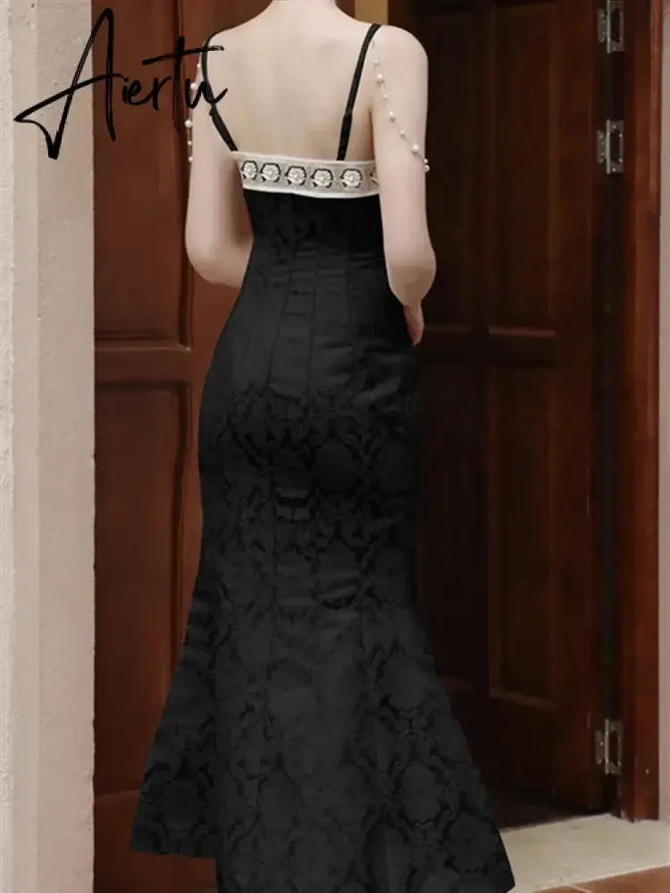 Aiertu Solid Black Party Dresses Sexy Summer Boho Dress Woman Lace Backless Beach Sleeveless Runway Sundress Women Embroidery Robe