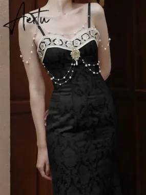 Aiertu Solid Black Party Dresses Sexy Summer Boho Dress Woman Lace Backless Beach Sleeveless Runway Sundress Women Embroidery Robe