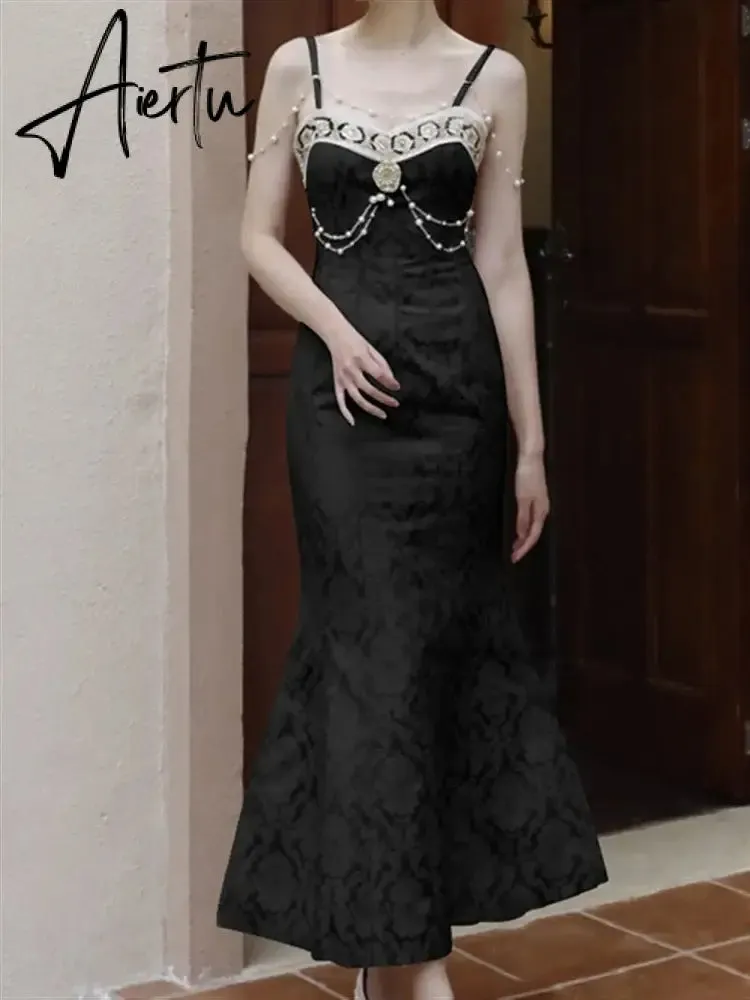 Aiertu Solid Black Party Dresses Sexy Summer Boho Dress Woman Lace Backless Beach Sleeveless Runway Sundress Women Embroidery Robe