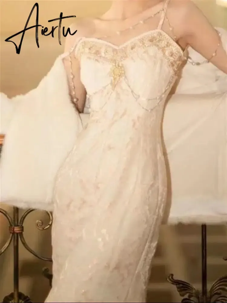 Aiertu Solid Black Party Dresses Sexy Summer Boho Dress Woman Lace Backless Beach Sleeveless Runway Sundress Women Embroidery Robe