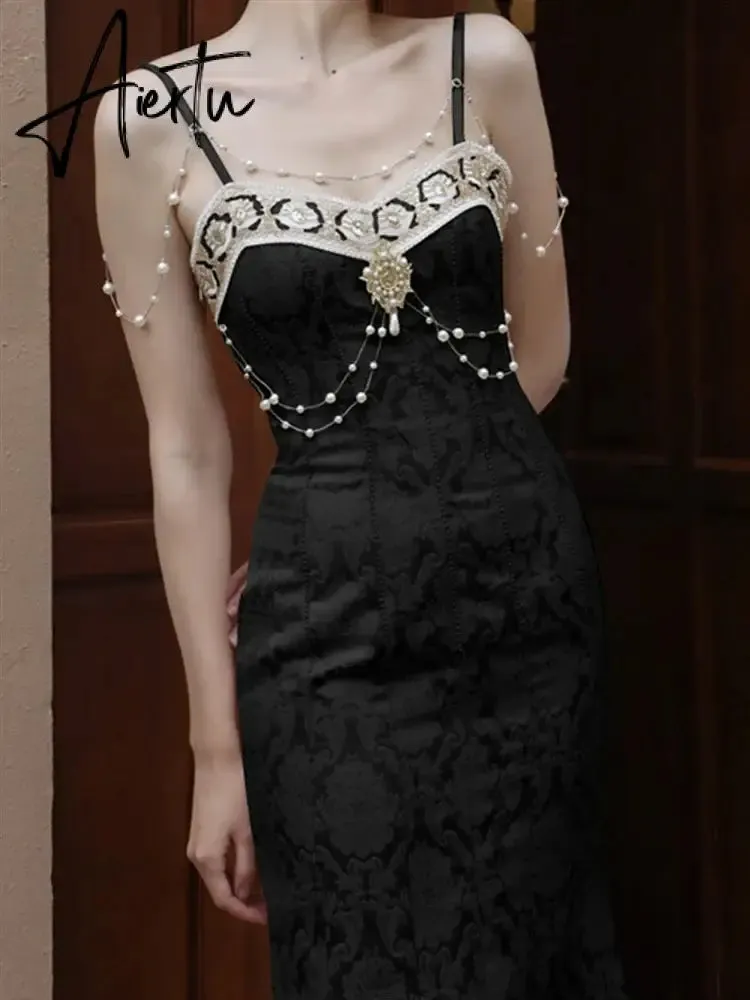 Aiertu Solid Black Party Dresses Sexy Summer Boho Dress Woman Lace Backless Beach Sleeveless Runway Sundress Women Embroidery Robe