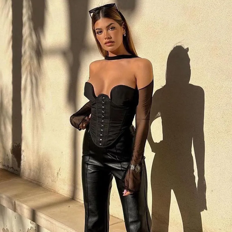 BLACK LONG SLEEVE CROP TOP CORSET