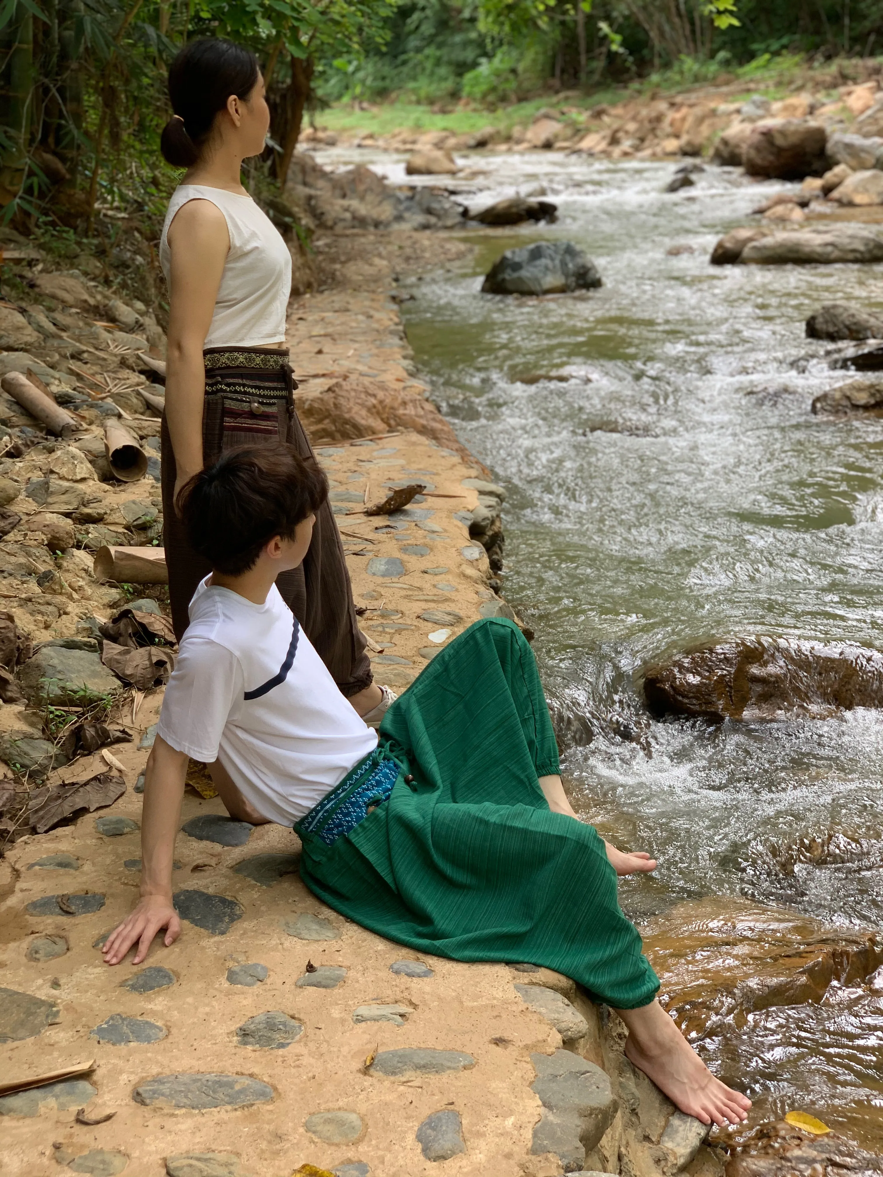 Green Thai tribal harem pants, comfy yoga pants