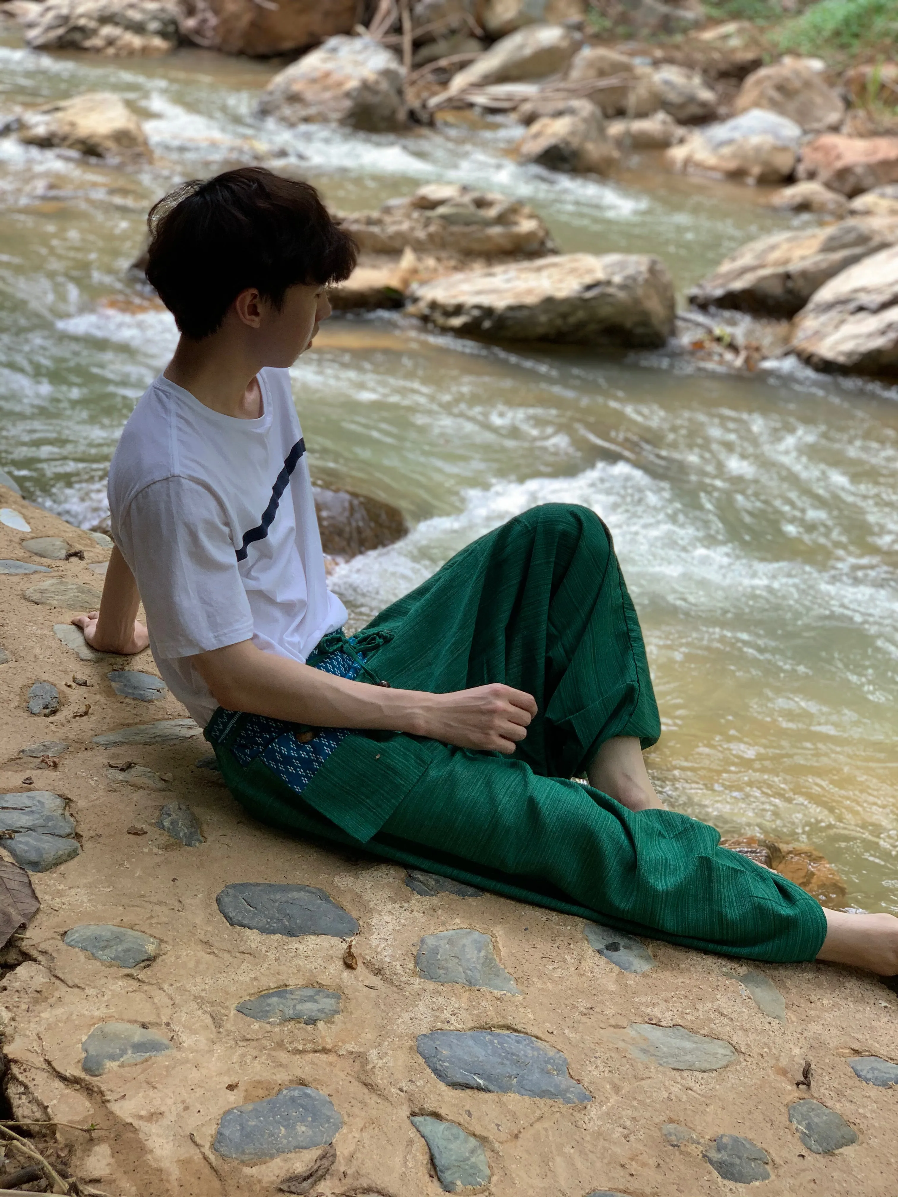 Green Thai tribal harem pants, comfy yoga pants
