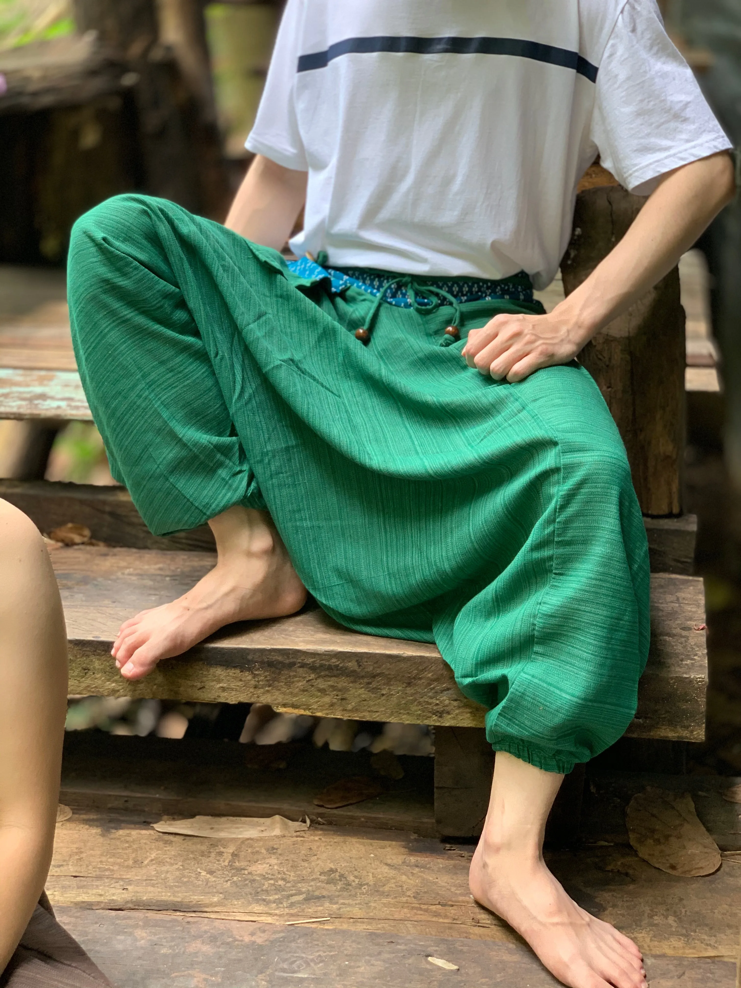 Green Thai tribal harem pants, comfy yoga pants