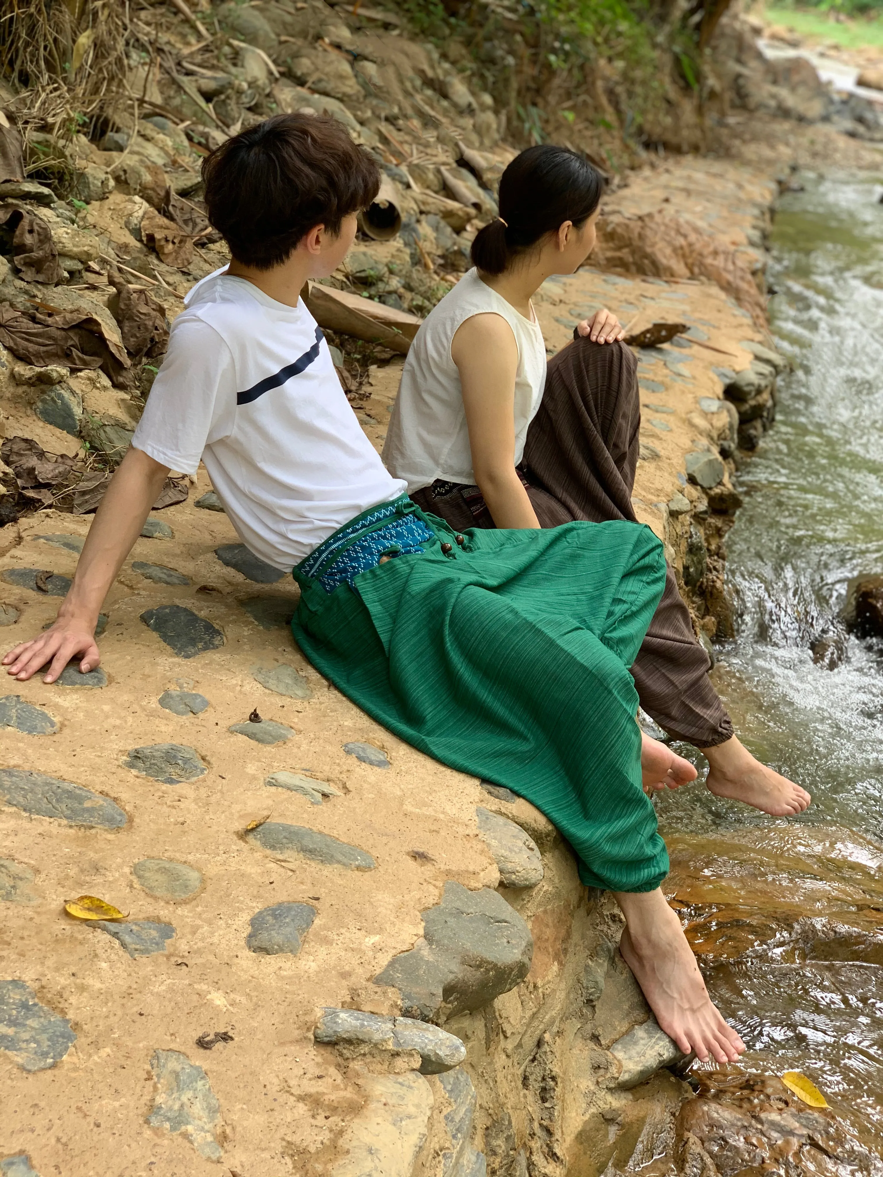 Green Thai tribal harem pants, comfy yoga pants