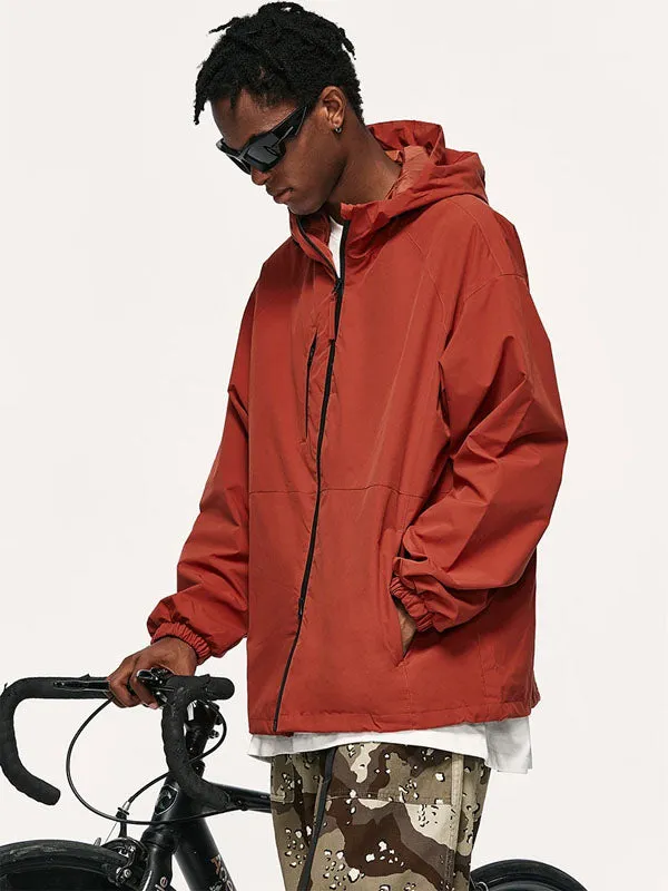 High Collared Wind and Waterproof Hooded Jacket in Orange Color