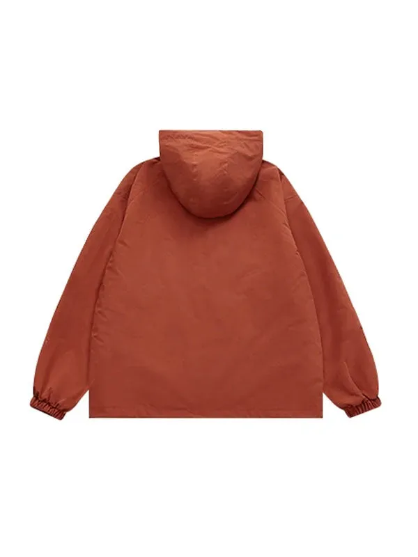 High Collared Wind and Waterproof Hooded Jacket in Orange Color