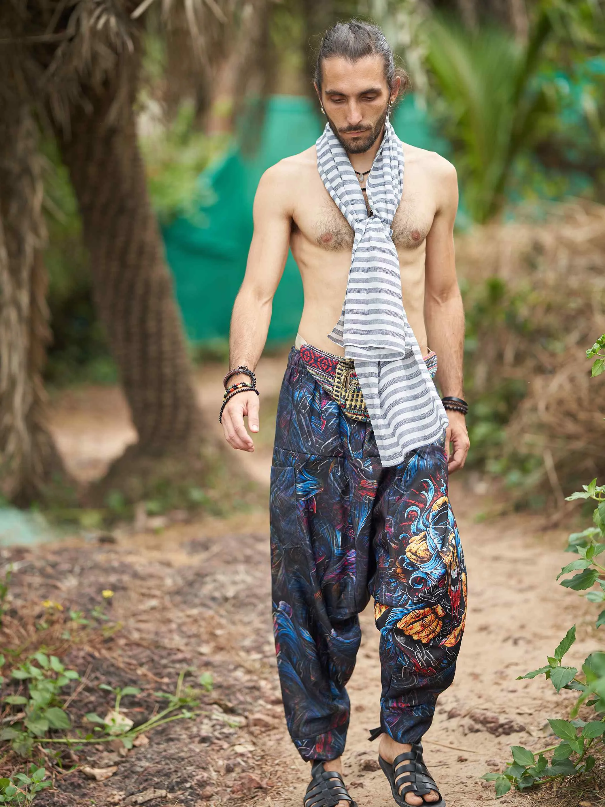 Men's Scary Skull Print Baggy Balloon Aladdin Harem Pants For Dance Travel Yoga