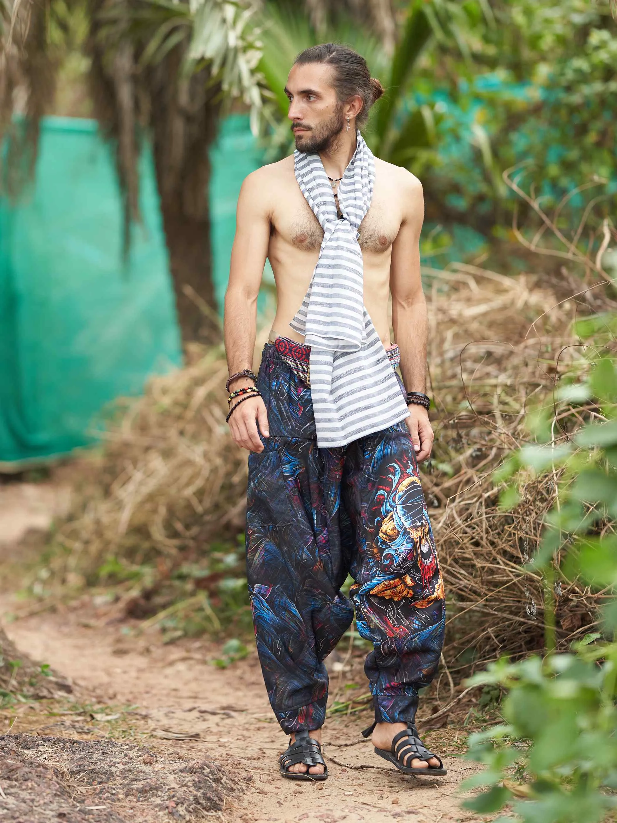Men's Scary Skull Print Baggy Balloon Aladdin Harem Pants For Dance Travel Yoga