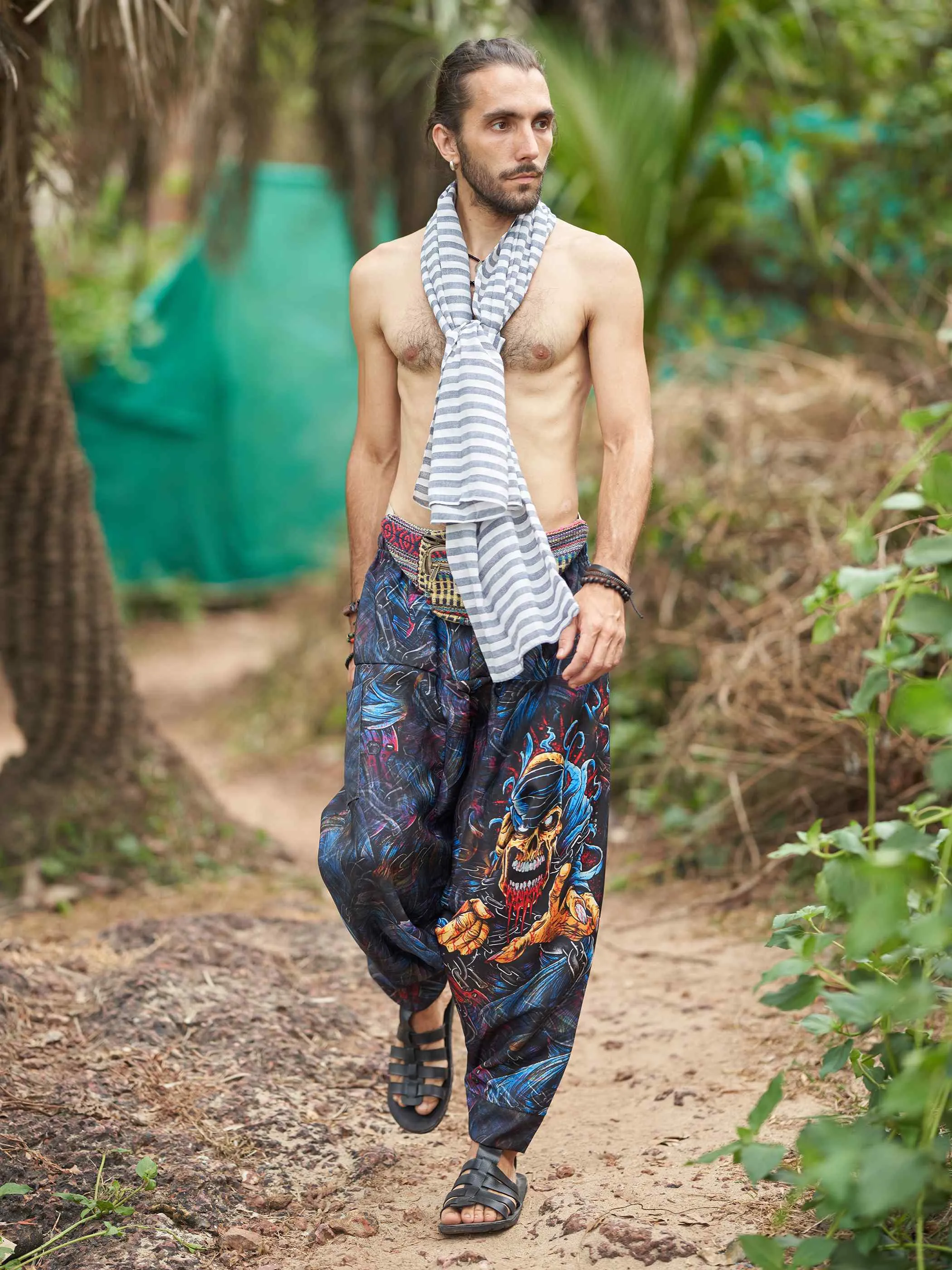 Men's Scary Skull Print Baggy Balloon Aladdin Harem Pants For Dance Travel Yoga