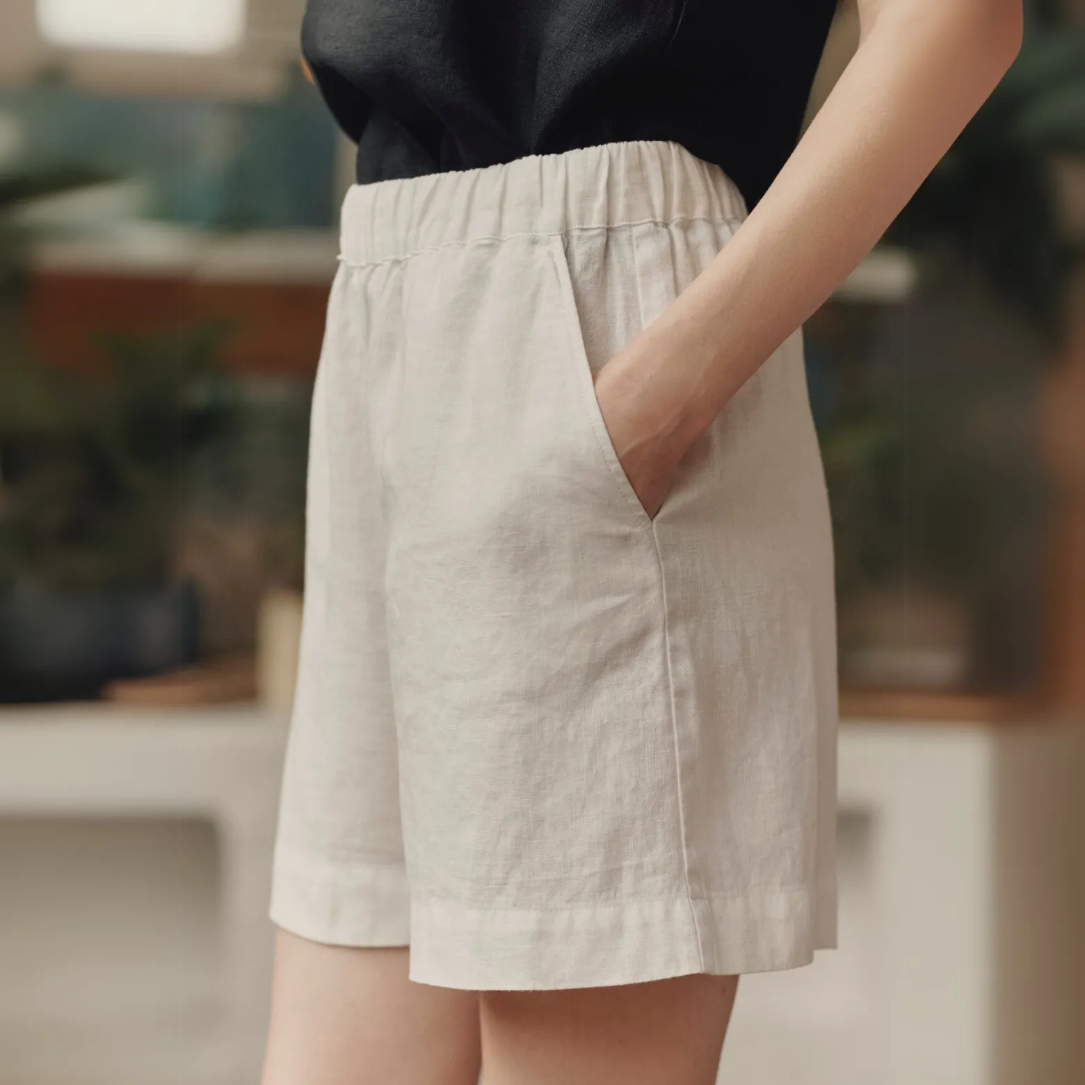 Optical White Linen Hip-Hop Shorts