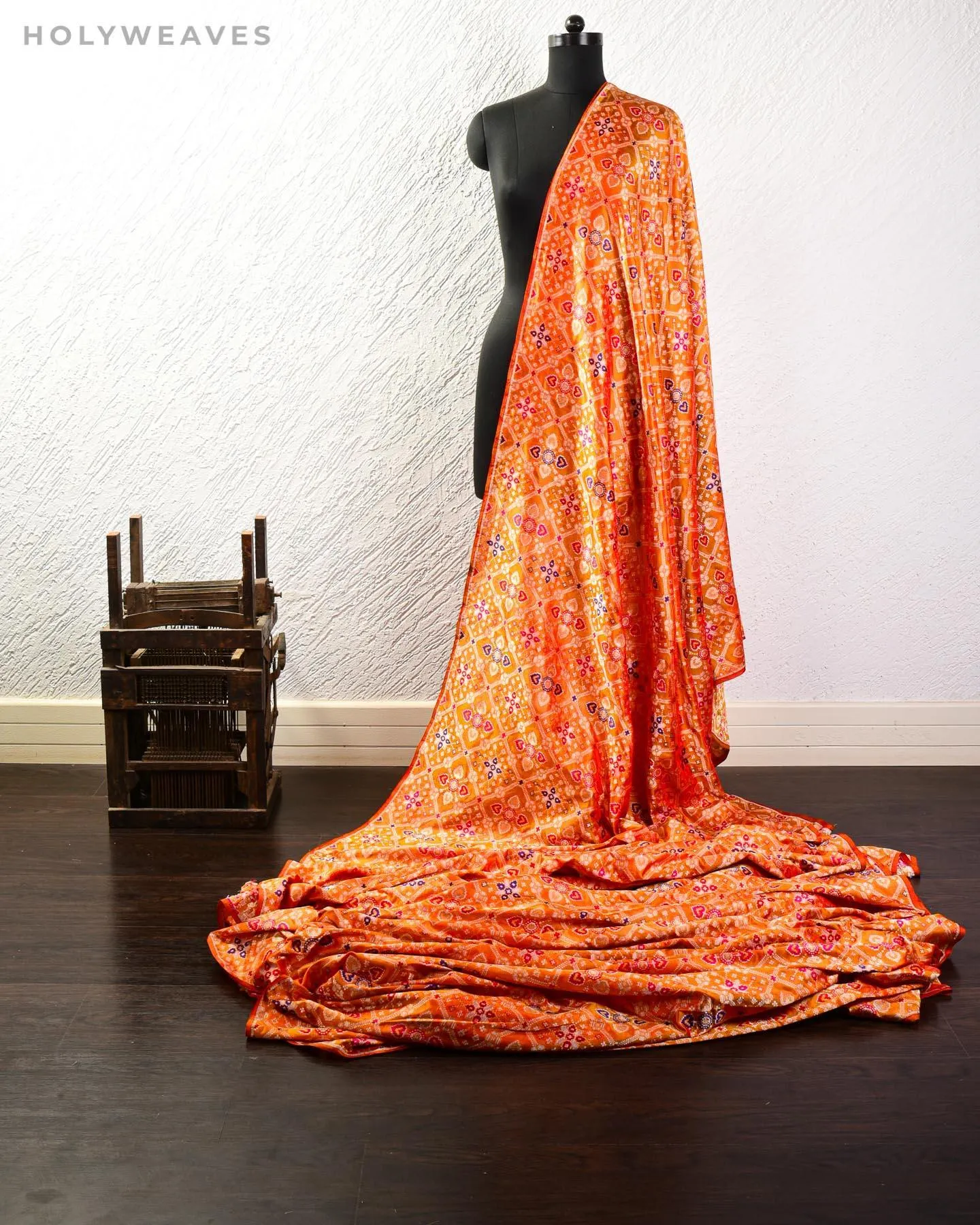 Orange Banarsi Patola Chauhara Tehra Meena Cutwork Brocade Handwoven Katan Silk Fabric