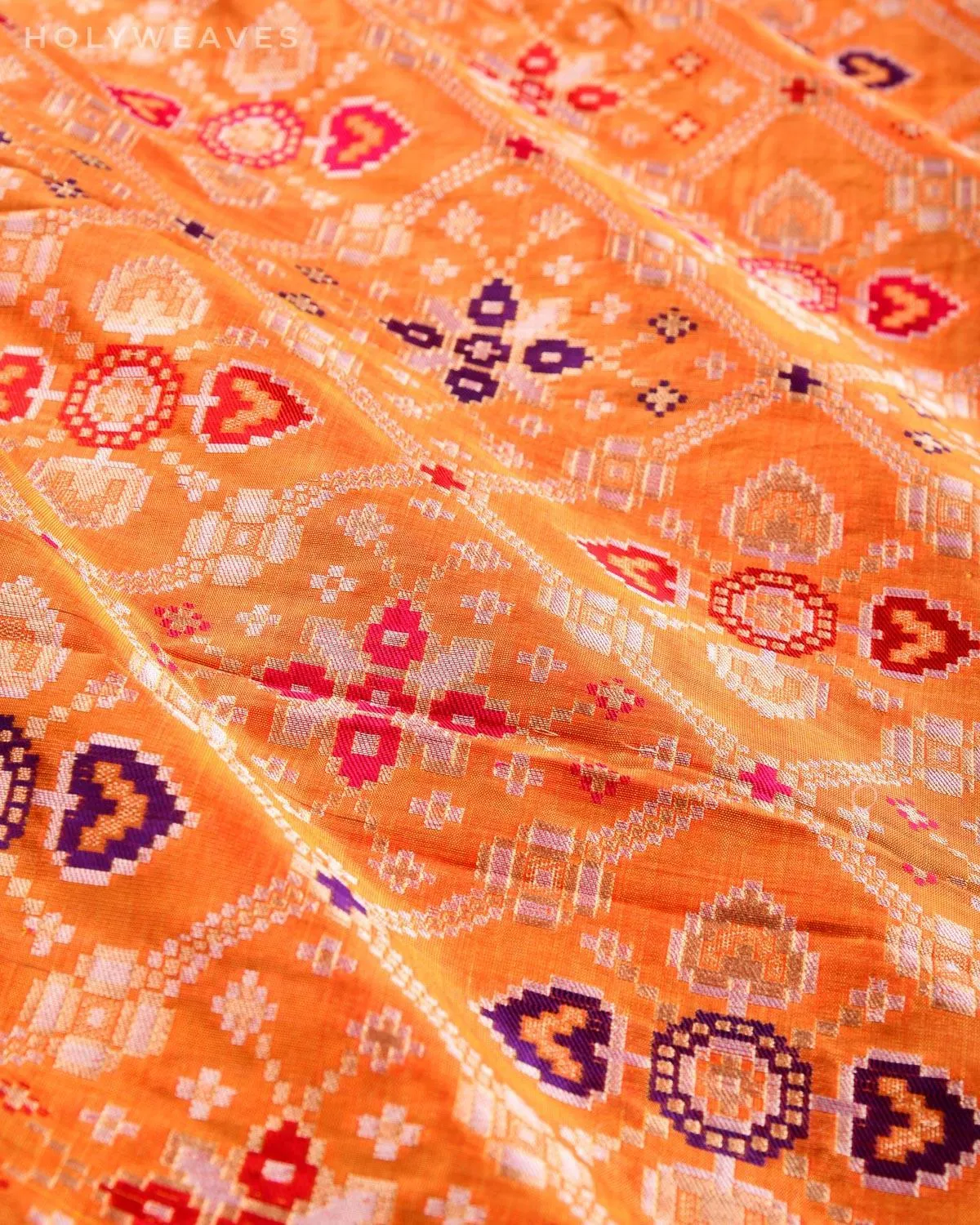Orange Banarsi Patola Chauhara Tehra Meena Cutwork Brocade Handwoven Katan Silk Fabric