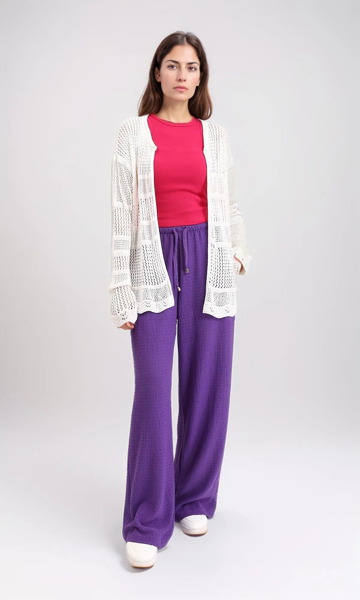 R208726 - Slip On Perforated Short Cardigan - Off-White