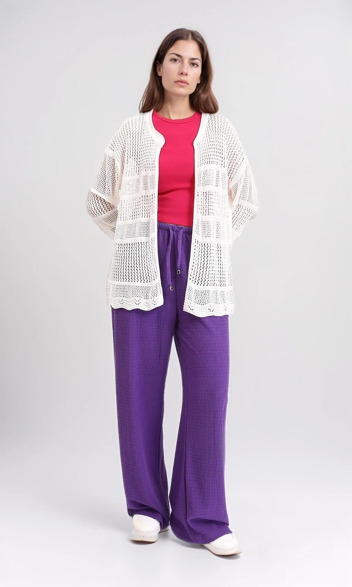 R208726 - Slip On Perforated Short Cardigan - Off-White