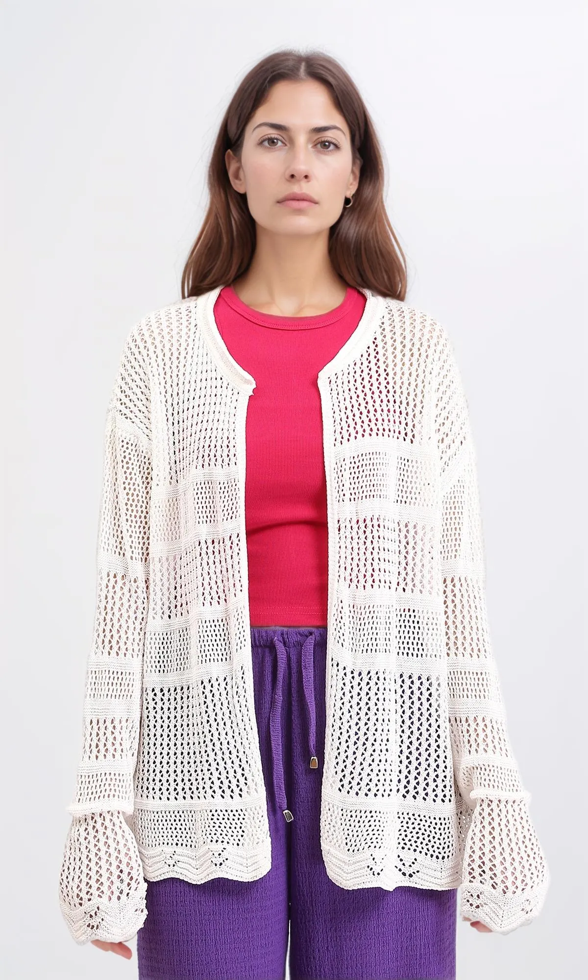 R208726 - Slip On Perforated Short Cardigan - Off-White