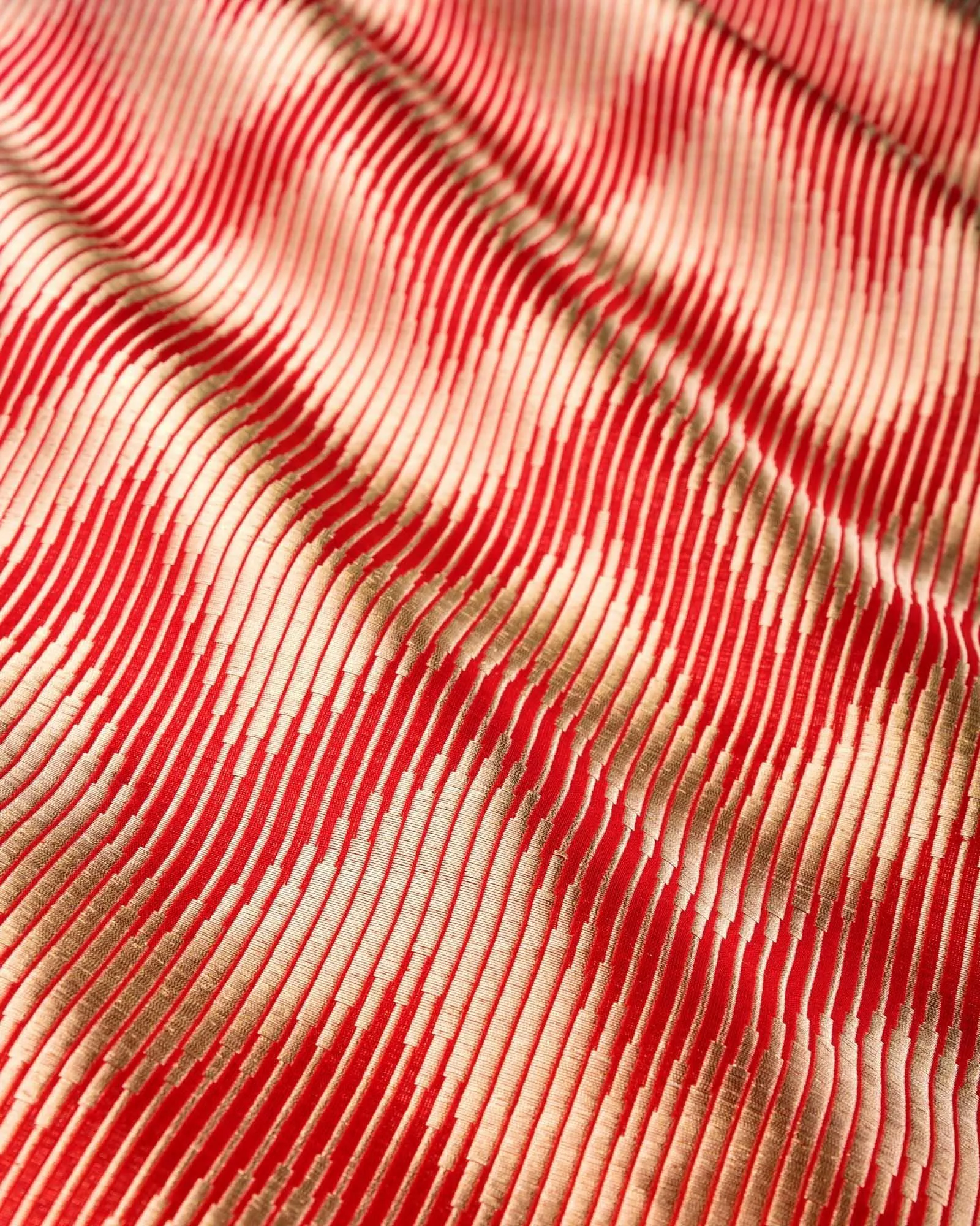 Red Banarasi Double Zari Illusion Chevron Brocade Handwoven Katan Silk Fabric