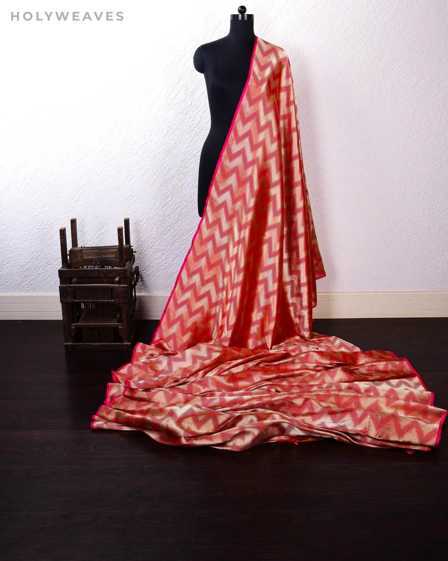 Red Banarasi Double Zari Illusion Chevron Brocade Handwoven Katan Silk Fabric