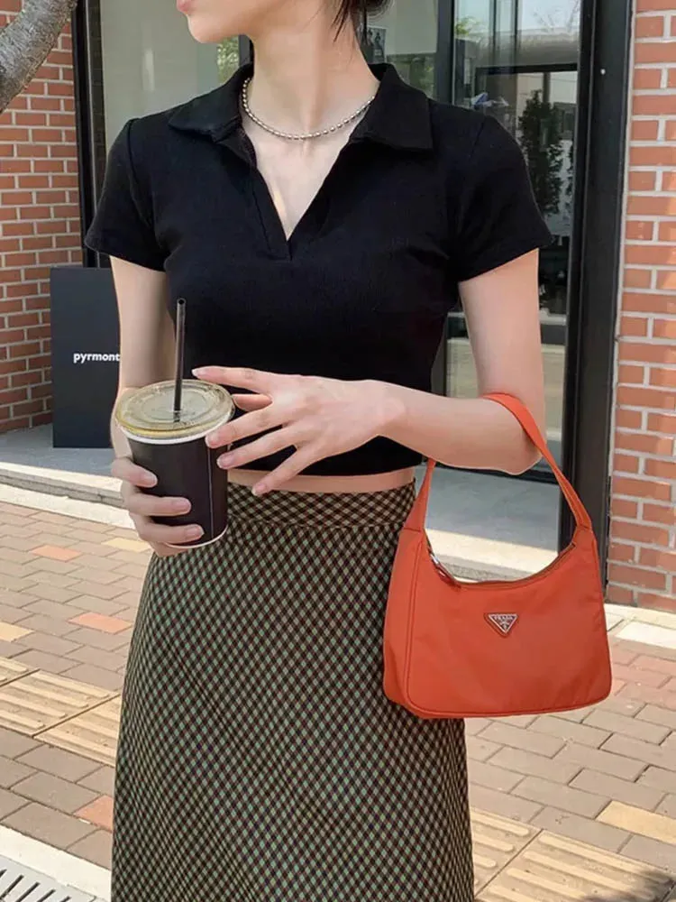 Seductive V-neck Crop Top with Spread Collar