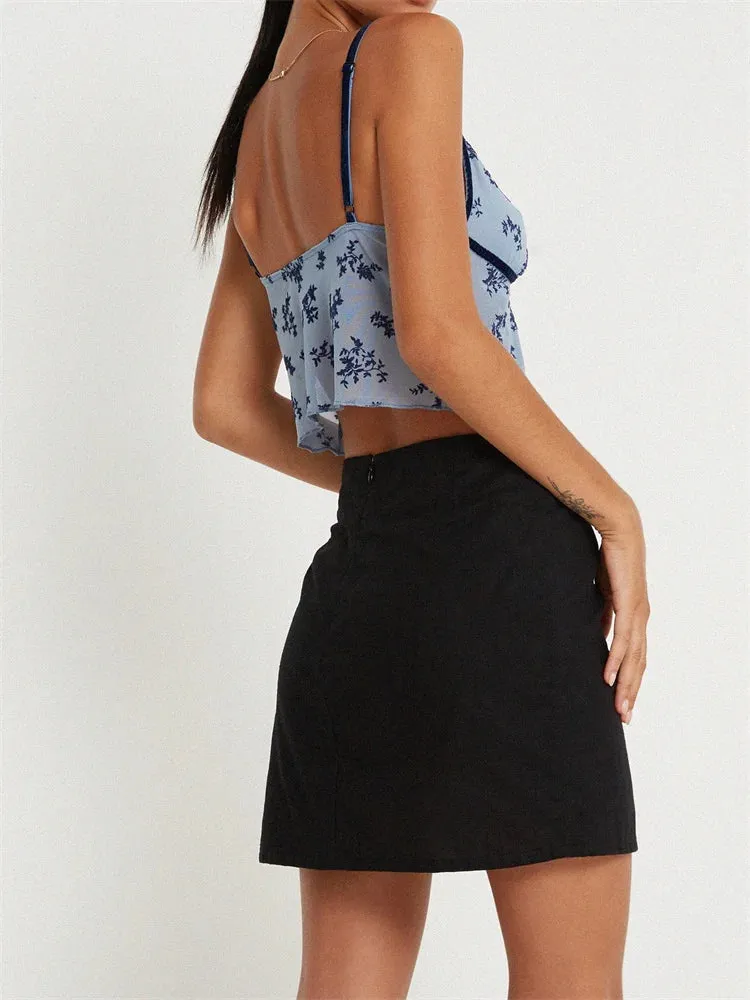 Sleeveless Strap V-neck for Women Front Split Floral Print Summer Party Streetwear Mini Vests Crop Top
